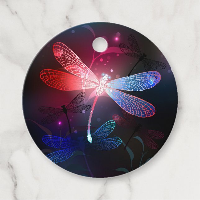 Glowing red dragonfly favour tags (Front)