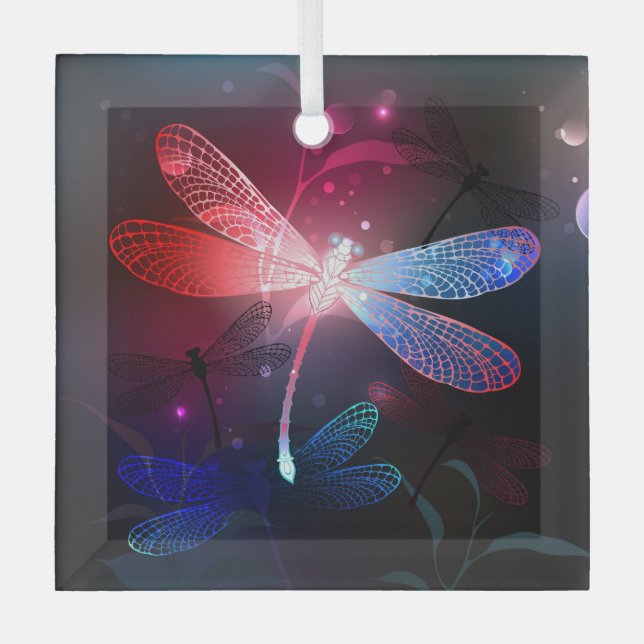 Glowing red dragonfly glass tree decoration (Front)