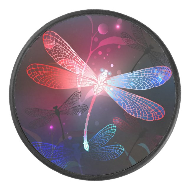 Glowing red dragonfly hockey puck (Front)