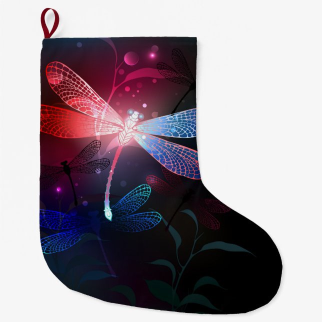 Glowing red dragonfly large christmas stocking (Front)