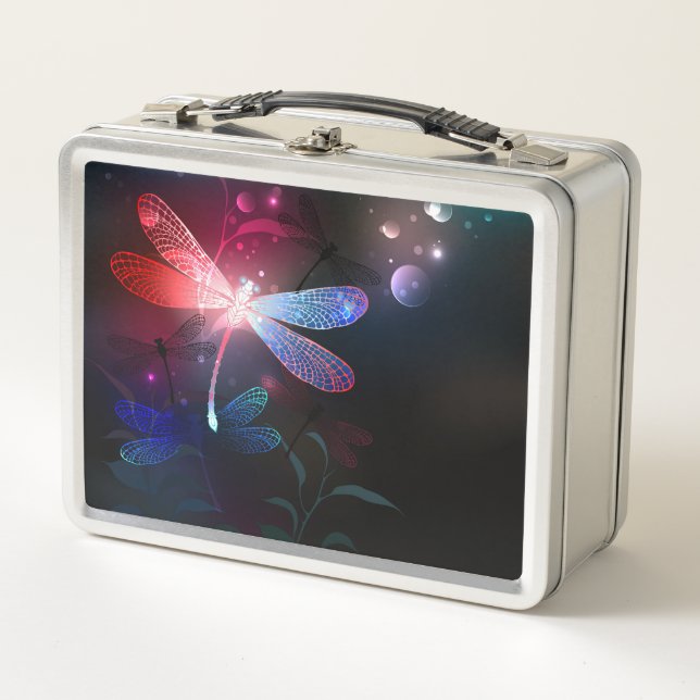 Glowing red dragonfly metal lunch box (Front)