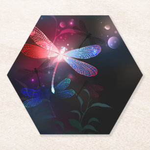 Glowing red dragonfly paper coaster