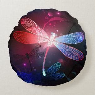Glowing red dragonfly round cushion