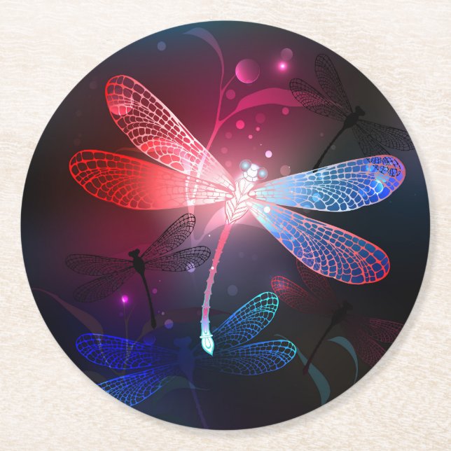 Glowing red dragonfly round paper coaster (Front)