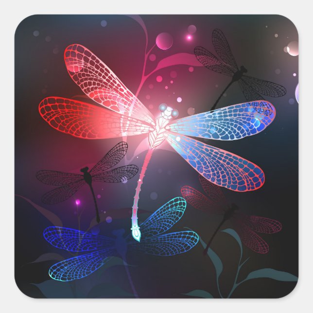 Glowing red dragonfly square sticker (Front)