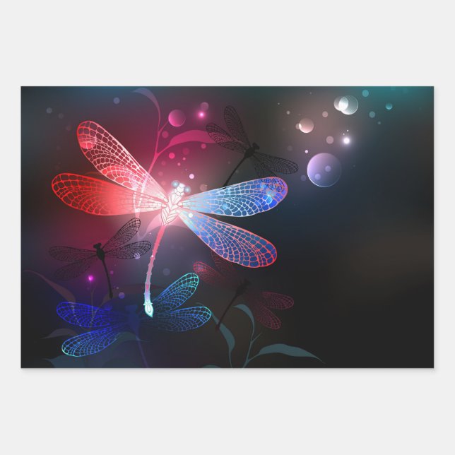 Glowing red dragonfly wrapping paper sheet (Front)
