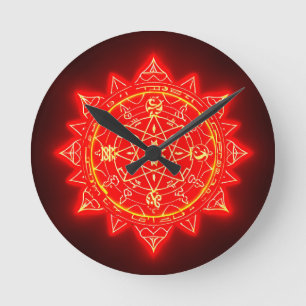 Glowing Red Magical Circle With Mystical Symbols Round Clock