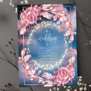 Glowing Rosy Flowers Sparkles Wedding Invitation