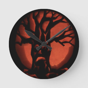 Glowing Scared Dead Tree Halloween Pumpkin Round Clock