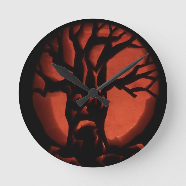 Glowing Scared Dead Tree Halloween Pumpkin Round Clock (Front)