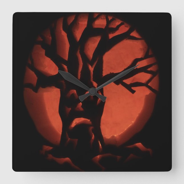 Glowing Scared Dead Tree Halloween Pumpkin Square Wall Clock (Front)