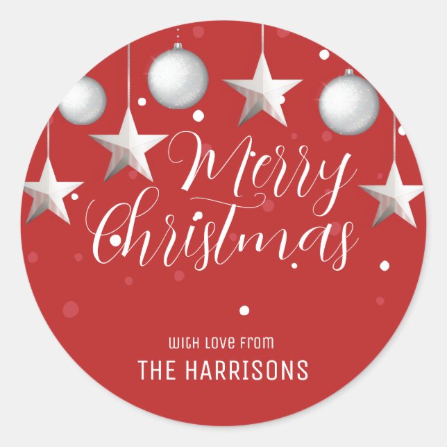 Glowing Silver Christmas Baubles Red Classic Round Sticker (Front)
