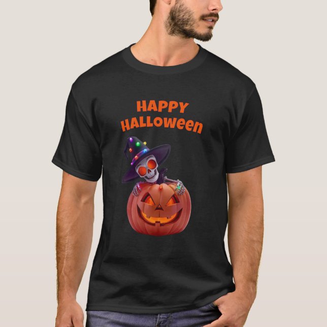 Glowing Skeleton and Pumpkin Halloween Magic T-Shirt (Front)