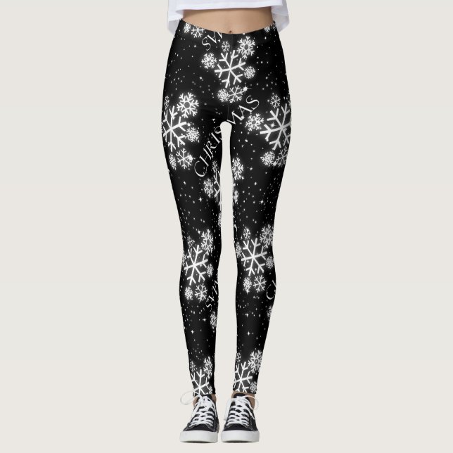 Glowing Snowflakes with Christmas Graphic on BLACK Leggings (Front)
