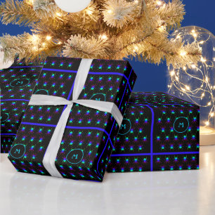 Glowing spiders with monogram black wrapping paper