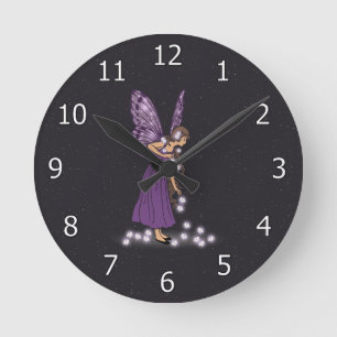 Glowing Star Flowers Pretty Purple Fairy Girl Round Clock