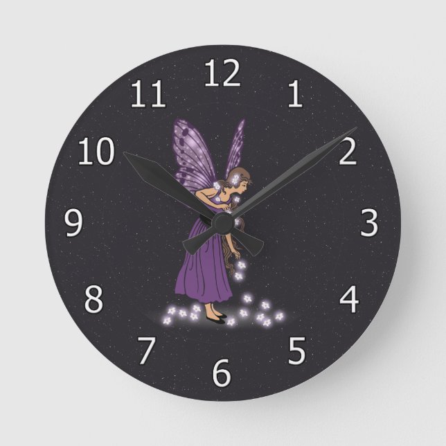 Glowing Star Flowers Pretty Purple Fairy Girl Round Clock (Front)