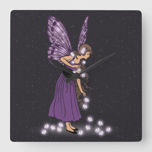 Glowing Star Flowers Pretty Purple Fairy Girl Square Wall Clock (Front)