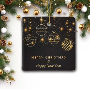 Glowing Stars Gold Bulbs on Black Ceramic Ornament