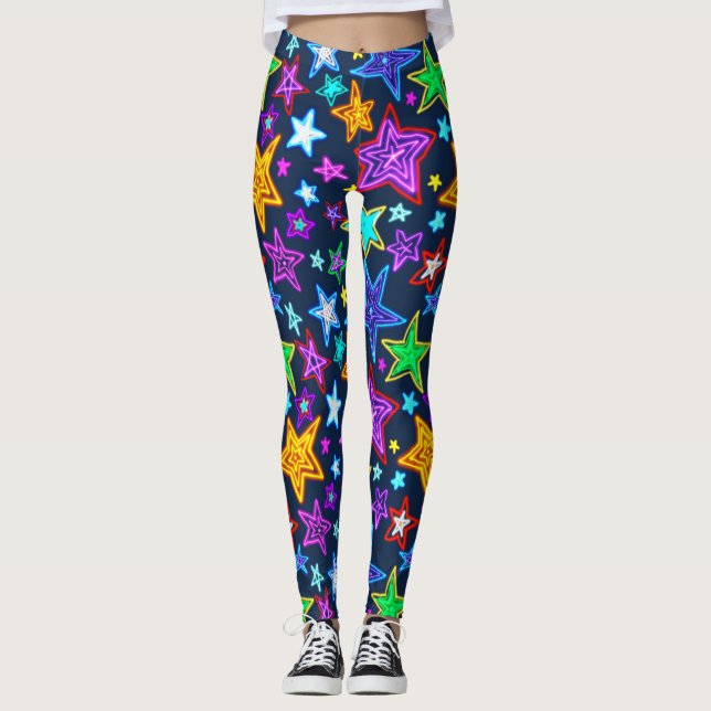 Glowing Stars Pattern Dark Blue Leggings (Front)