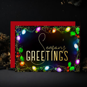 Glowing String Christmas Lights Season's Greetings Foil Holiday Card