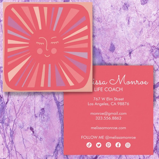 Glowing Sun Cute and Charming Colourful Pink  Squa Square Business Card (Creator Uploaded)