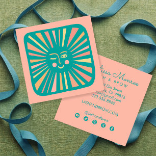 Glowing Sun Cute Charming Pink Teal Social Icons Square Business Card