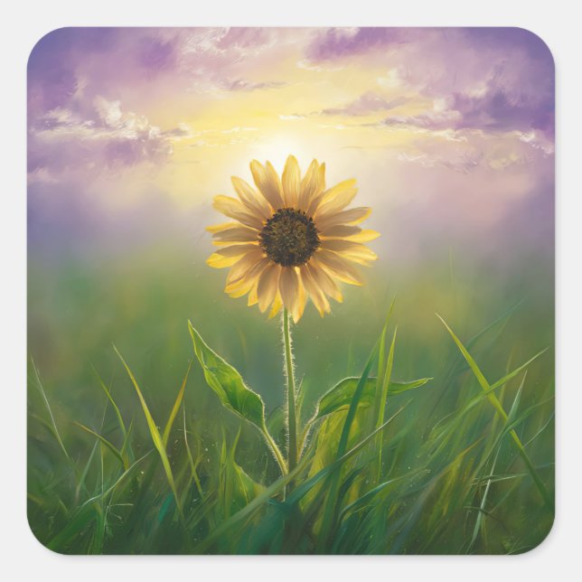 Glowing Sunflower In Grassy Field Square Sticker (Front)