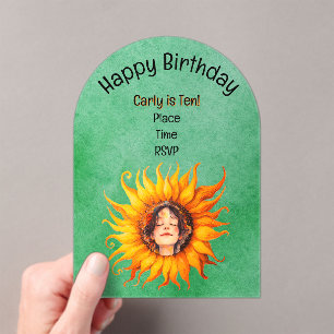 Glowing Sunflower Young Girl Face in Center Green Acrylic Invitations