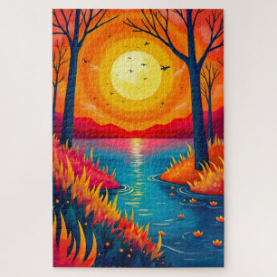 Glowing Sunset River Vibrant Nature Painting Jigsaw Puzzle