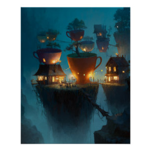 Glowing Teacup Houses in Foggy Fantasy Poster