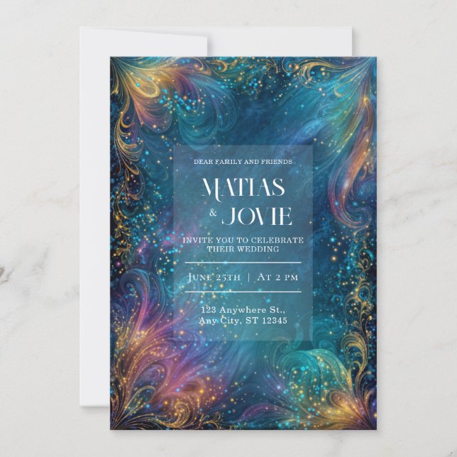 Glowing Teal Purple Celestial Swirl Wedding Invitation (Front)