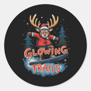 Glowing Trails Reindeer With Red Nose Snowboarding Classic Round Sticker