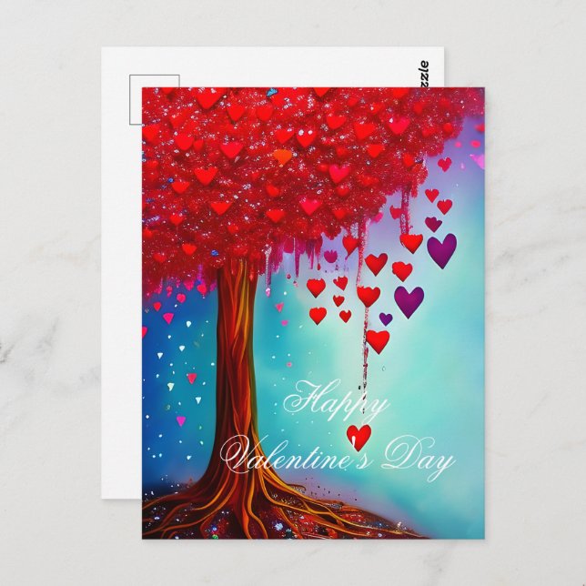 Glowing tree of hearts valentine postcard (Front/Back)