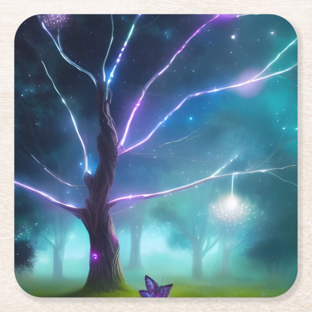 Glowing Tree Square Paper Coaster (Front)