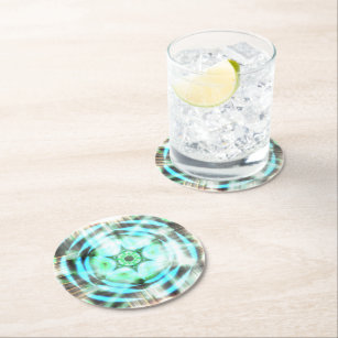 Glowing Turquoise Wheel On Black Abstract Round Paper Coaster