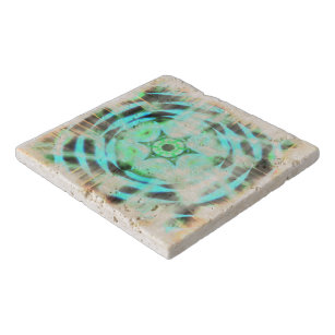 Glowing Turquoise Wheel On Black Abstract Trivet