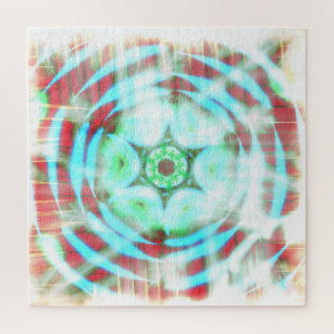 Glowing Turquoise Wheel On Red Abstract Jigsaw Puzzle