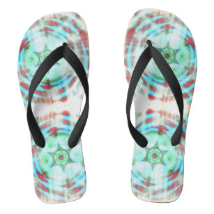 Glowing Turquoise Wheel On Red Abstract Pattern Thongs