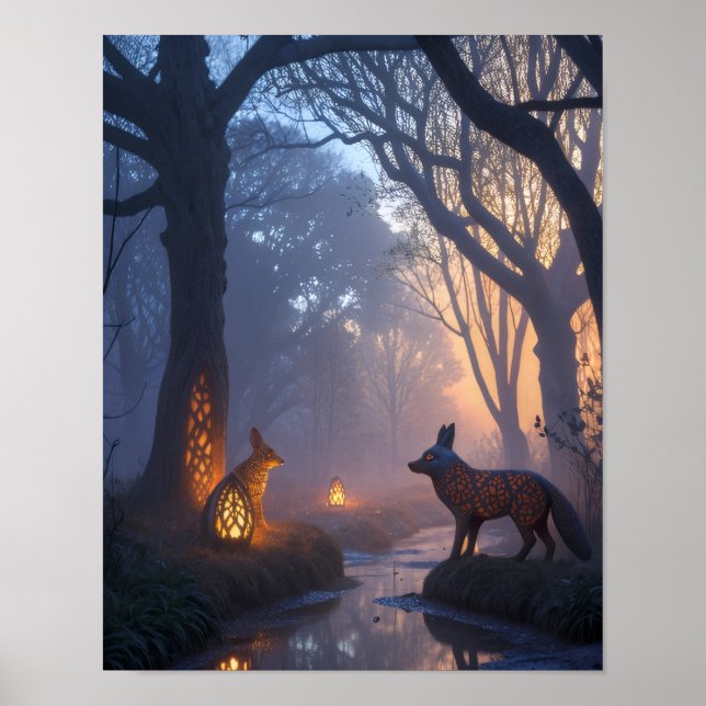 Glowing Twilight Forest with Wooden Animals Poster (Front)