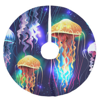 Glowing Underwater Jellyfish Horizontal Banner Brushed Polyester Tree Skirt