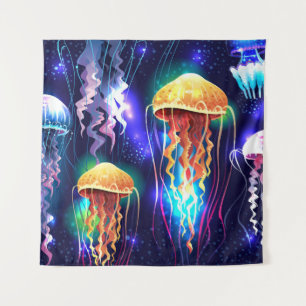 Glowing Underwater Jellyfish Horizontal Banner Tapestry