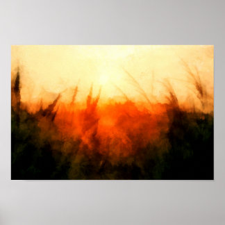 Glowing wheat field in an orange sunset Landscape Poster