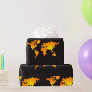 Glowing World Map in Orange and Yellow Wrapping Paper