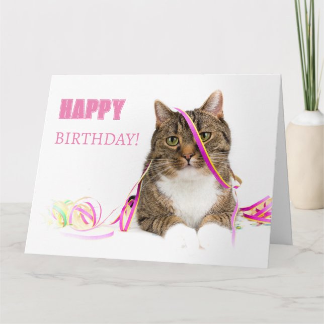 Glückwunschkarte Katze mit Luftschlangen Card (Front)