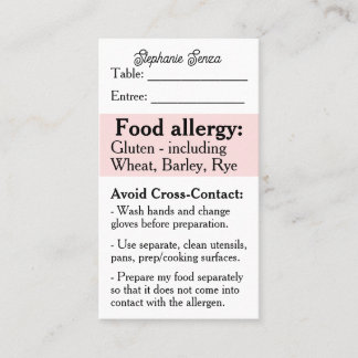 Gluten Allergy Restaurant Card, Celiac Food Safety Business Card