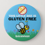 Gluten Free Bumblebee Button for Celiac Alert<br><div class="desc">This little bee is gluten free. Bright design with yellow bumblebee helps alert others of dietary restrictions. Red bold 'no gluten' on blue sky with green grass and flowers background. Great for kids with celiac disease to attach to lunchbox, book bag or safe snack box kept at school. Choose from...</div>