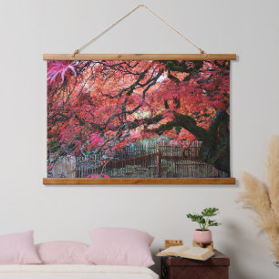 Gnarly Red Japanese Maple and Bamboo Fence Hanging Tapestry