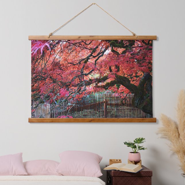 Gnarly Red Japanese Maple and Bamboo Fence Hanging Tapestry (Bedroom)