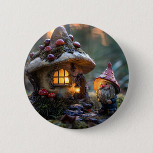 Gnome and a mushroom house, fantasy design 6 cm round badge